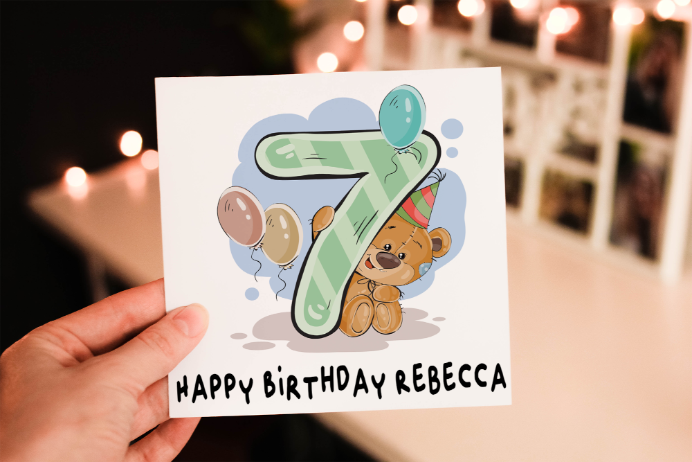 Teddy 7th Birthday Card, Card for 7th Birthday, Birthday Card - Click Image to Close